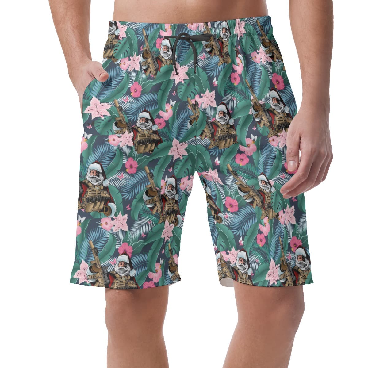 Funny Tactical Santa Gun Tropical Hawaiian Beach Shorts For Men