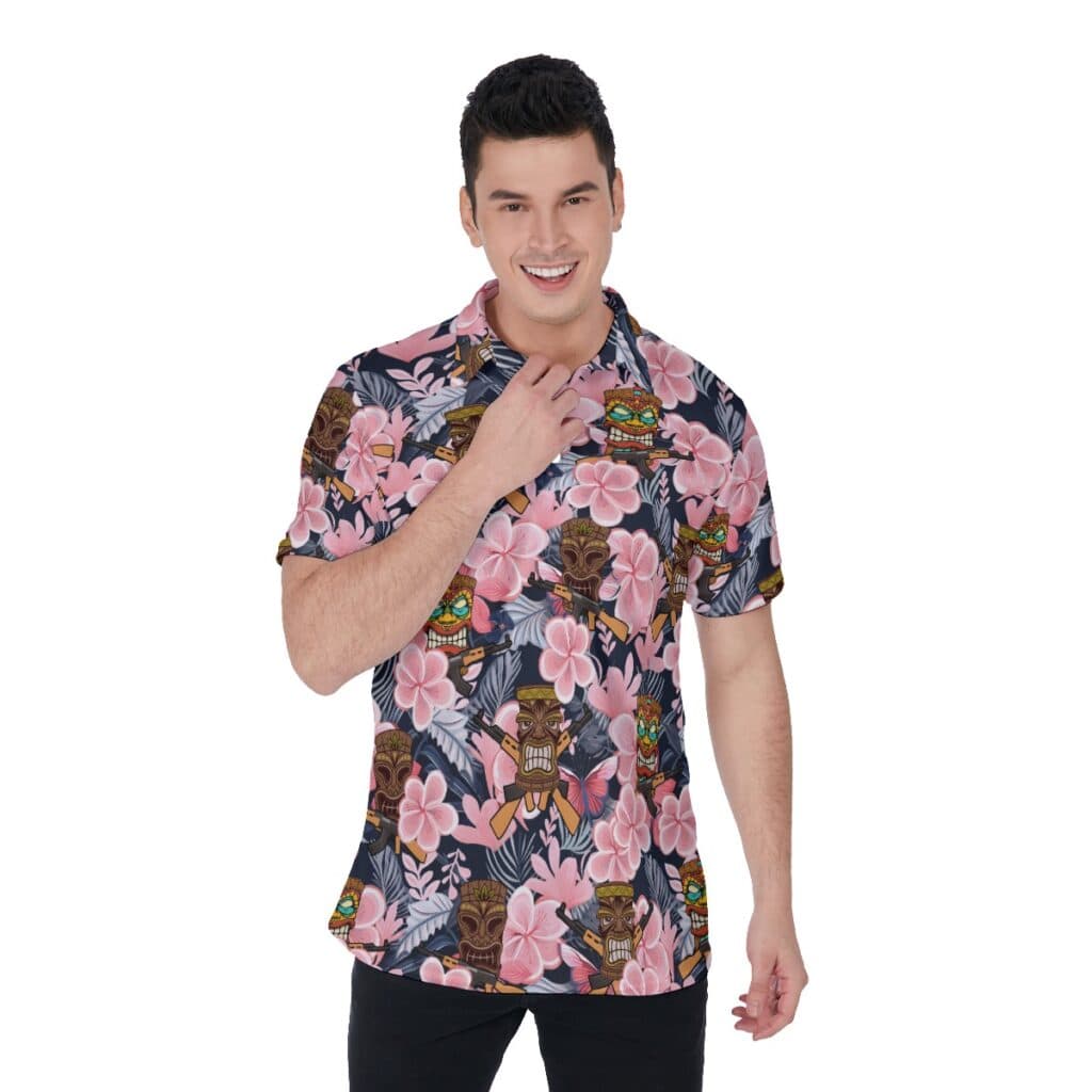 Funny Tiki With Gun Floral Hawaiian Polo Shirt For Men