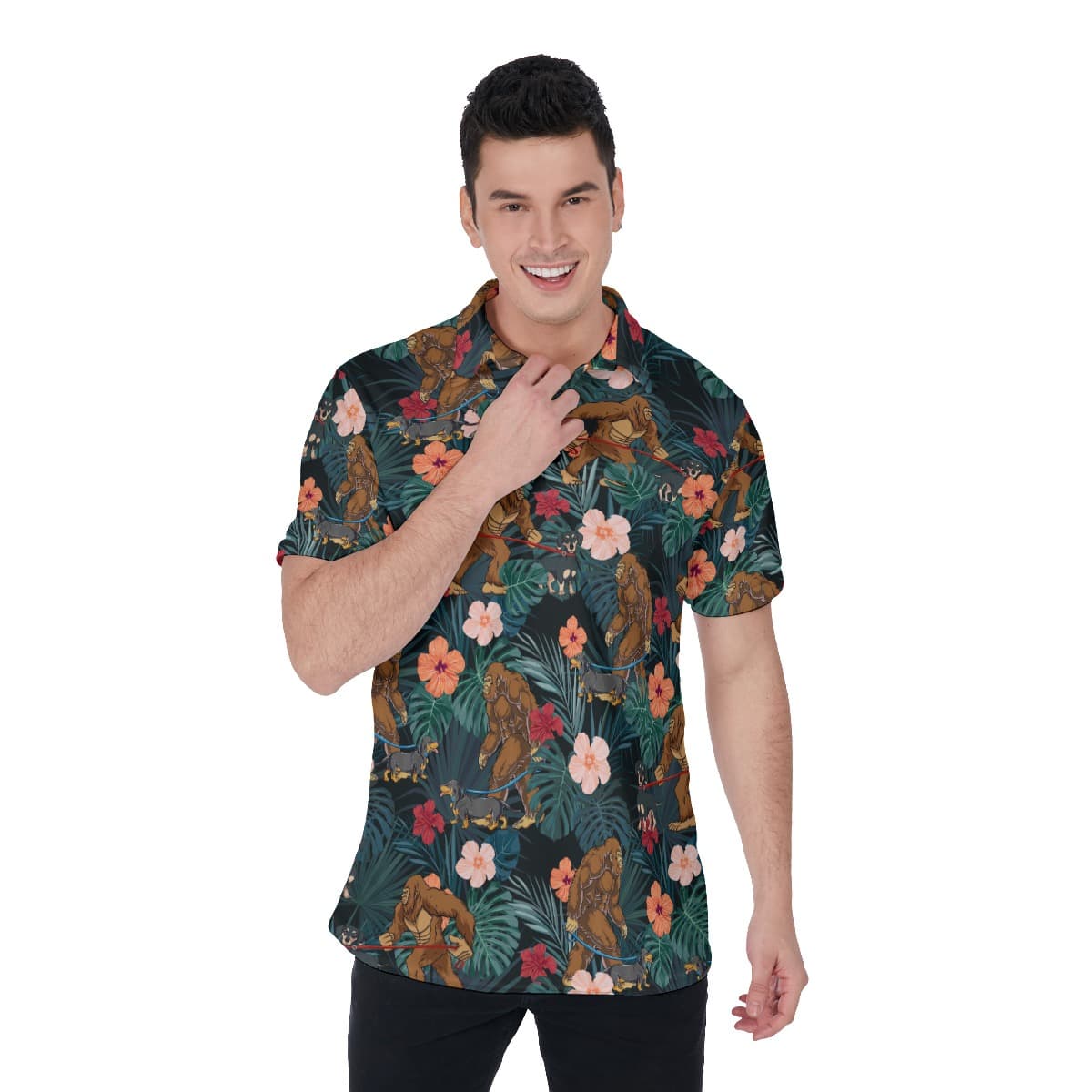 Funny Tropical Bigfoot Walking Dog Hawaiian Polo Shirt For Men