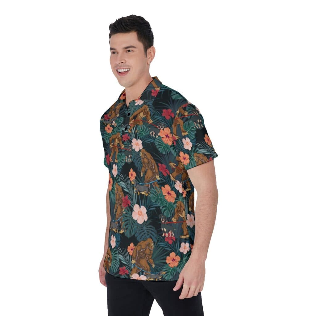 Funny Tropical Bigfoot Walking Dog Hawaiian Polo Shirt For Men