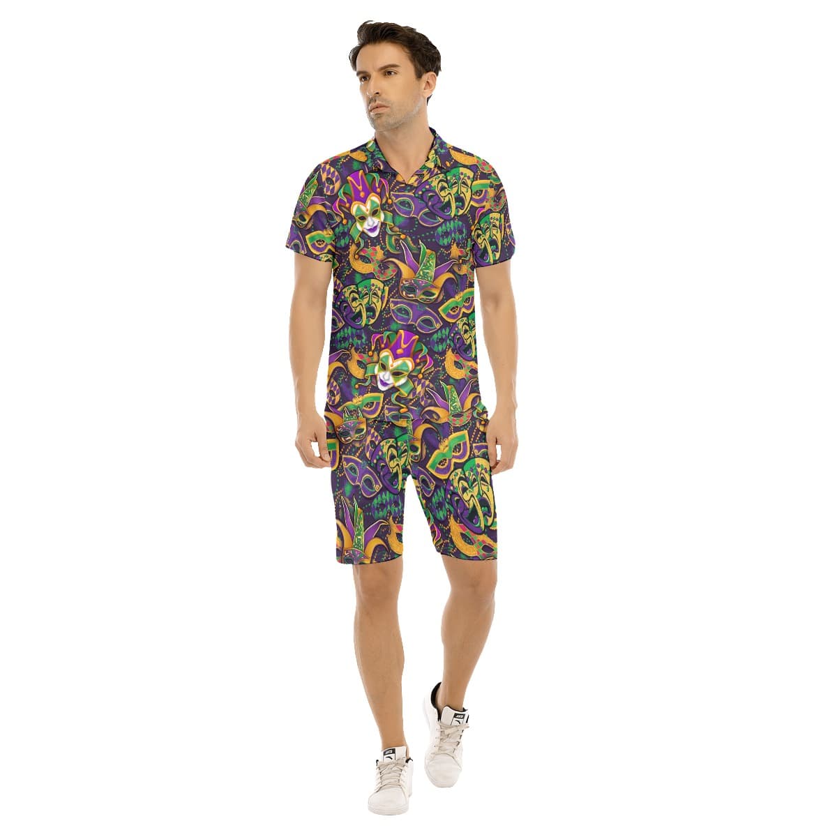 Happy Mardi Gras Colorful Hawaiian Shirt And Shorts For Men (1)