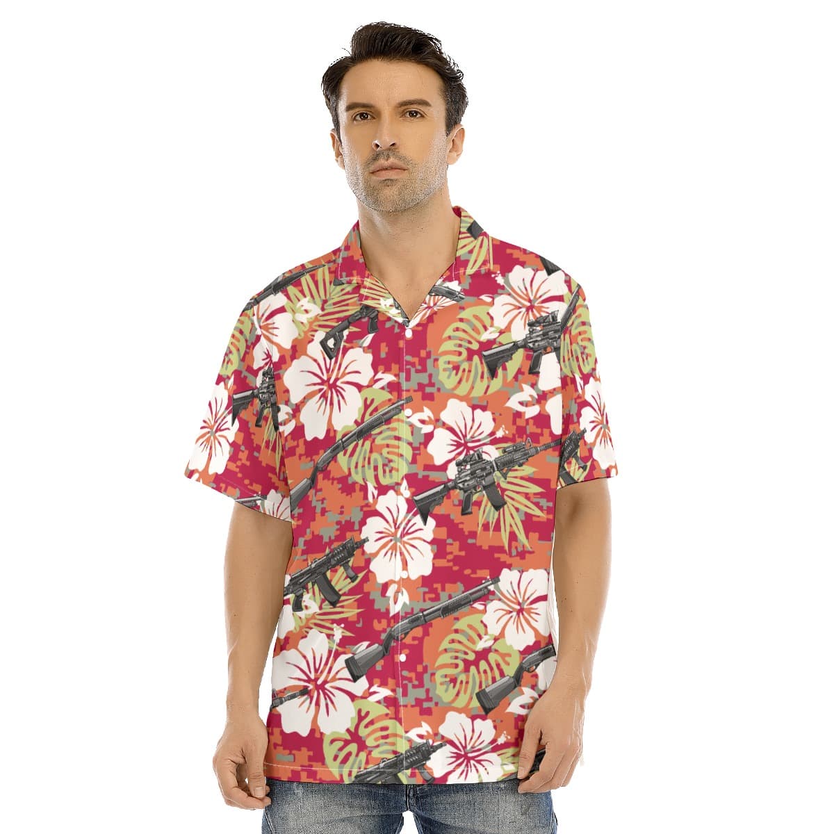 Hibiscus Camo Tactical Gun Red Hawaiian Shirt