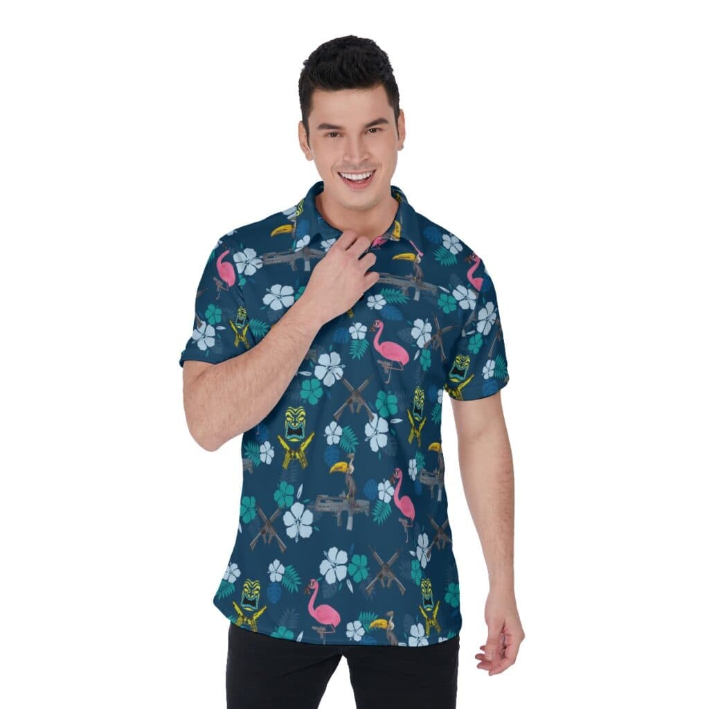 Hibiscus Parrot Tiki Gun Hawaiian Polo Golf Shirt For Men