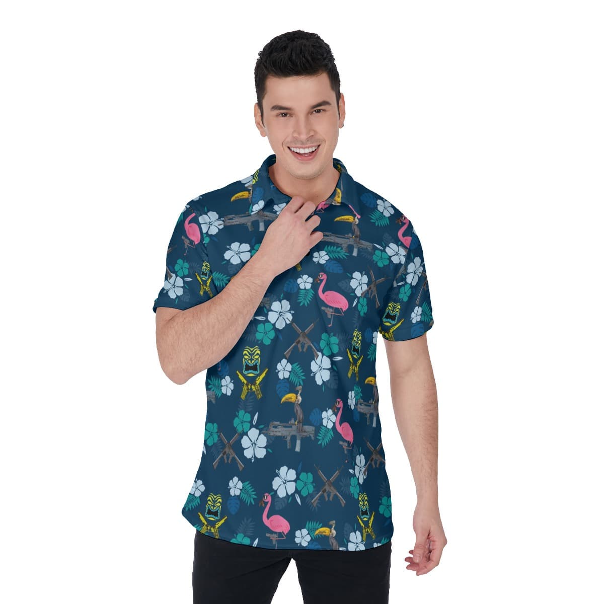 Hibiscus Parrot Tiki Gun Hawaiian Polo Golf Shirt For Men