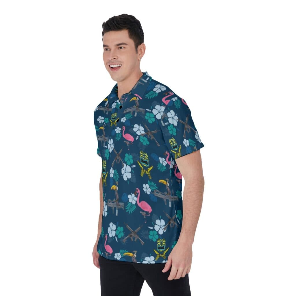 Hibiscus Parrot Tiki Gun Hawaiian Polo Golf Shirt For Men
