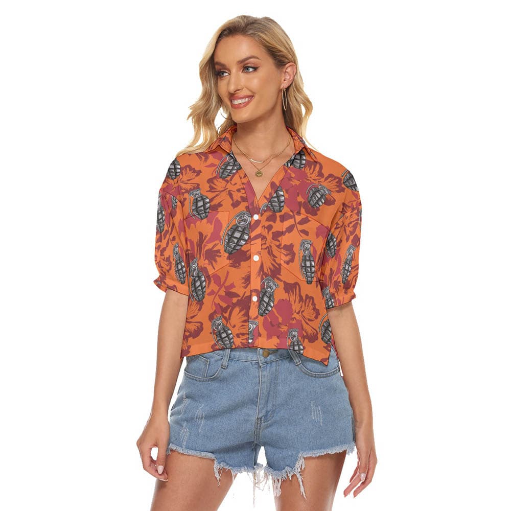 Hibiscus Tactical Grenade Vintage Hawaiian Crop Top Shirt For Women