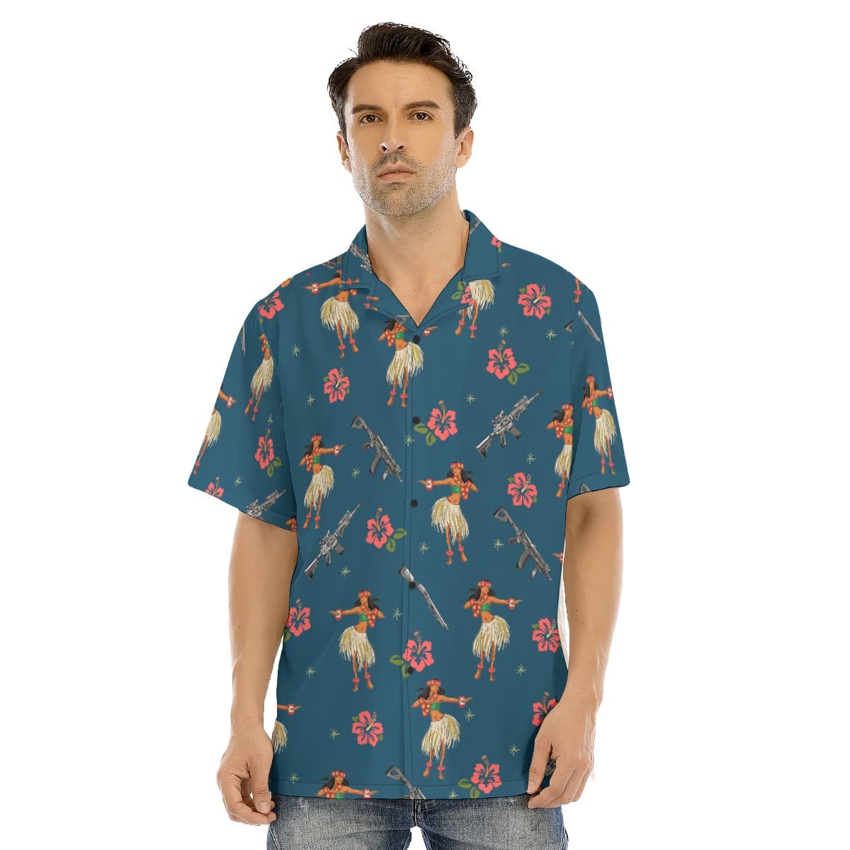 Hula Girl Hibiscus Tactical Gun Navy Hawaiian Collared Shirt