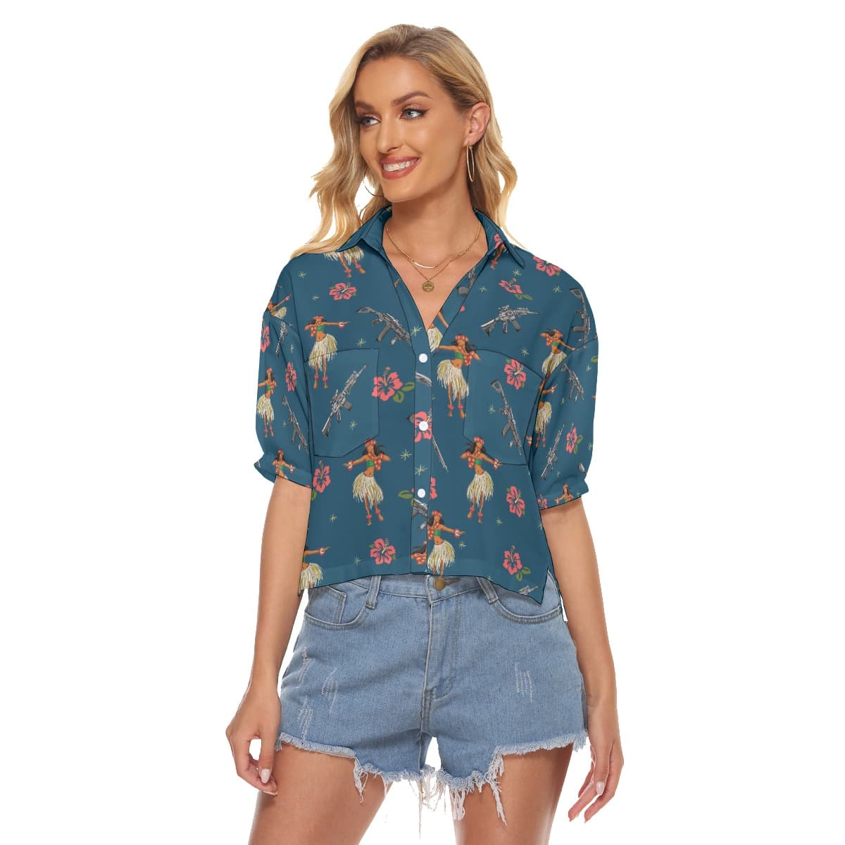 Hula Girl Tactical Gun Hibiscus Hawaiian Crop Top Shirt For Women