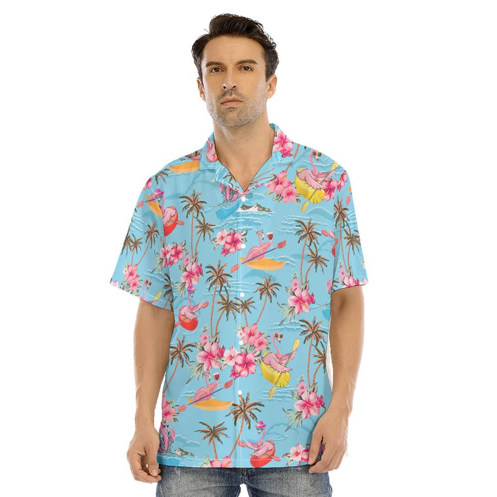 Kayaking Flamingo Palm Trees Blue Hawaiian Shirt