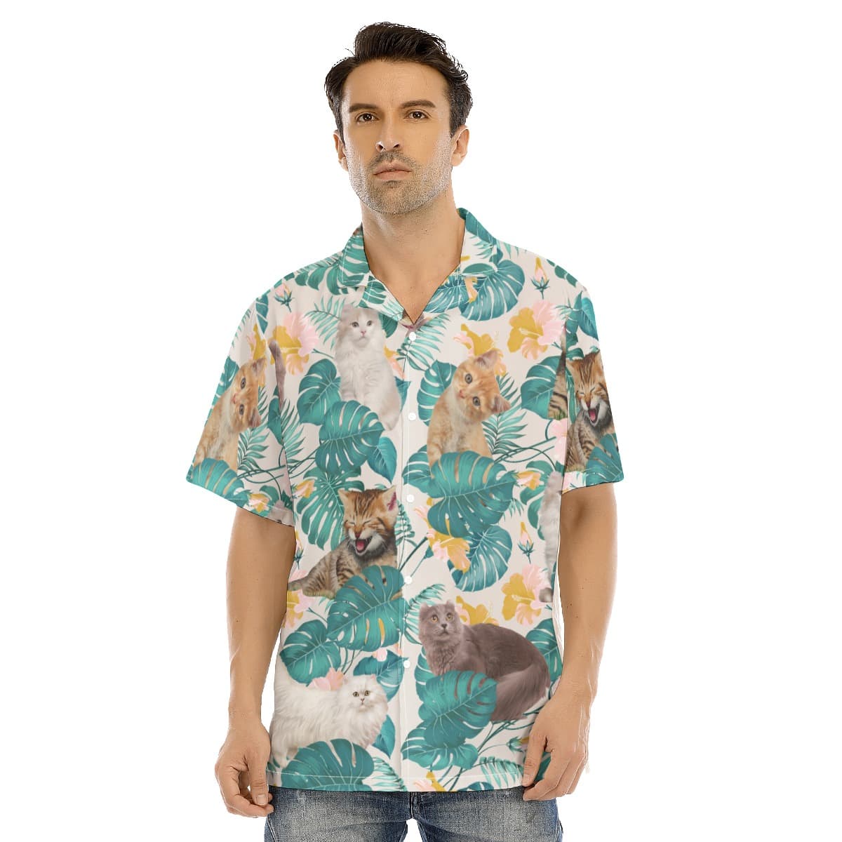 Lovely Cats Button Hawaiian Shirt For Men (1)