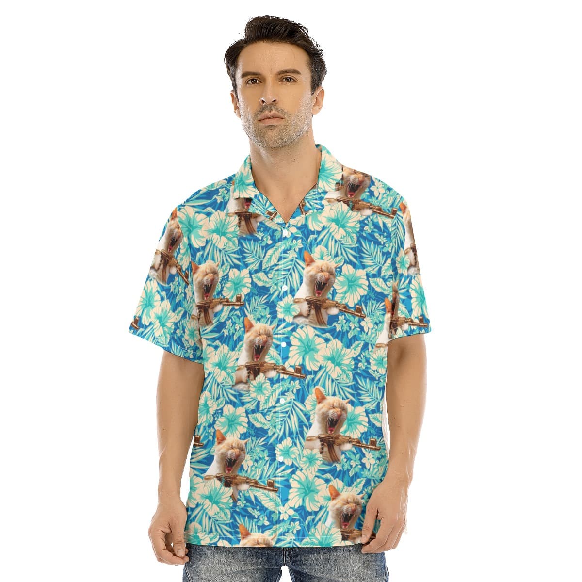 Machine Gun Cat Tactical Blue Hawaiian Shirt