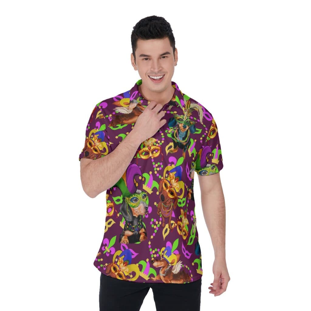 Mardi Gras Dachshund Hawaiian Polo Shirt For Men