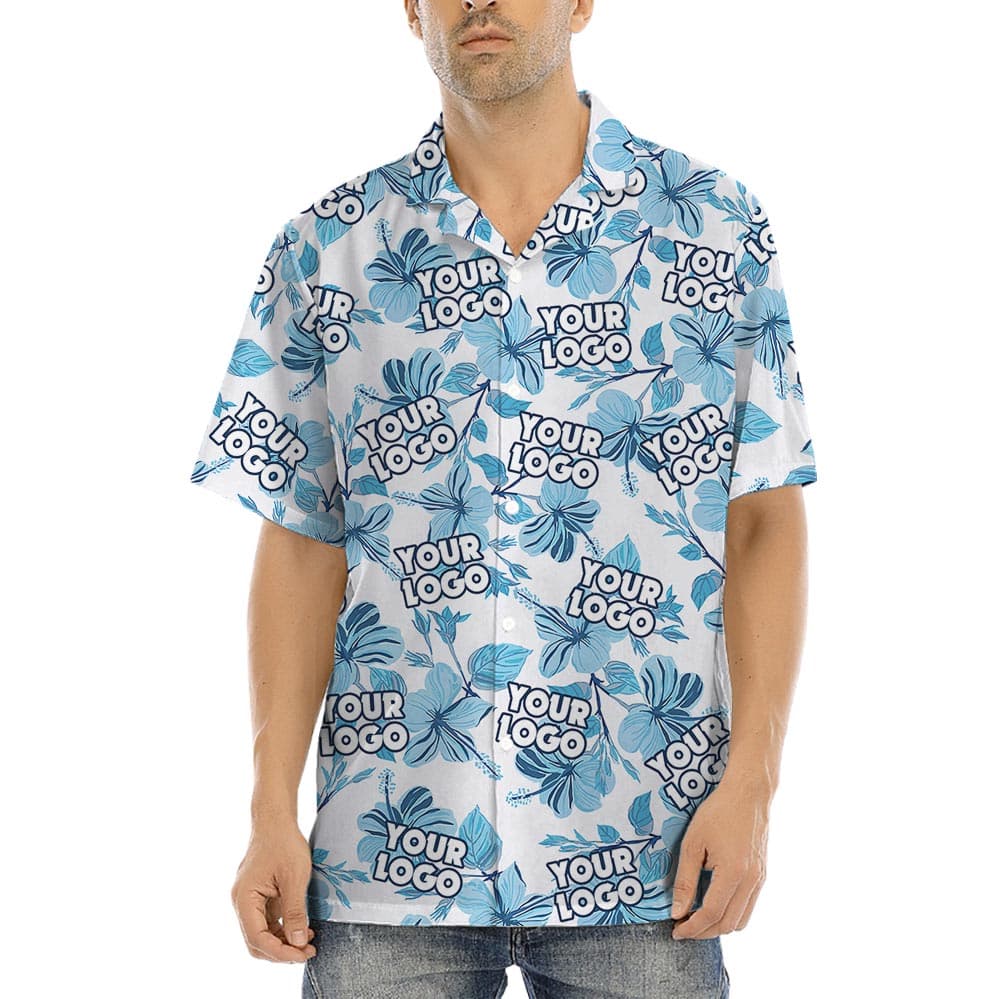 Men's Custom Logo Hawaii Shirt With Short Sleeve Button Up with blue hibiscus print on model wearing