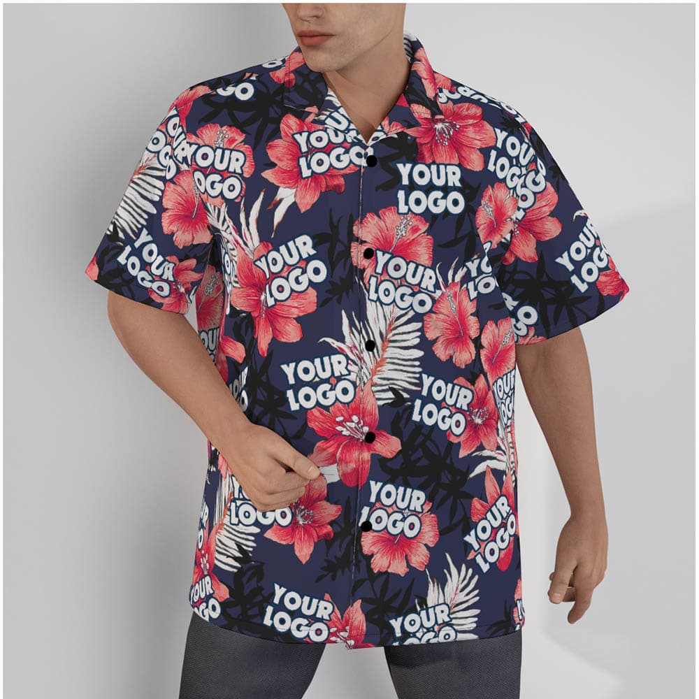 Navy Hibiscus Custom Logo Hawaiian Shirt