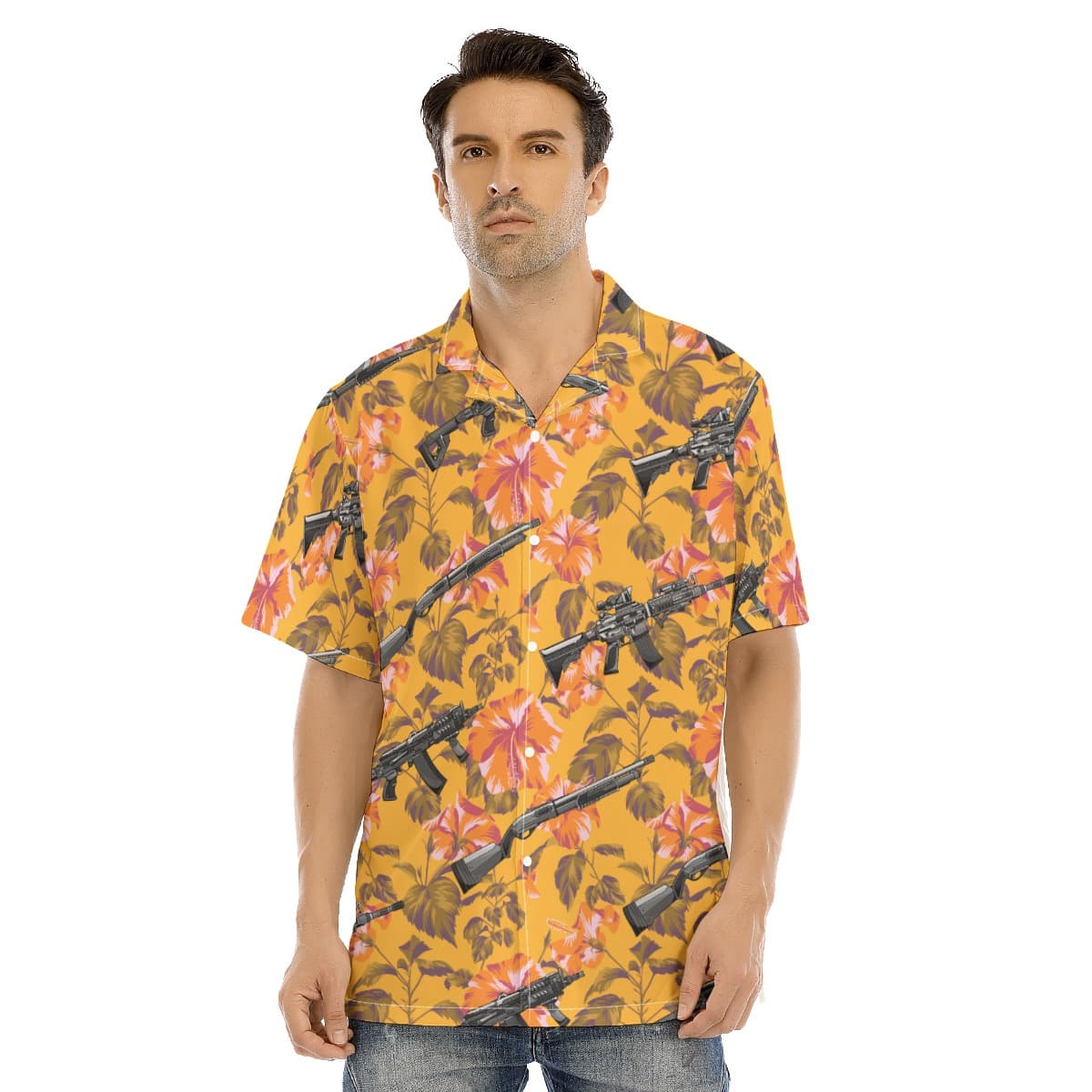 Orange Hibiscus Tactical Long Gun Hawaiian Shirt