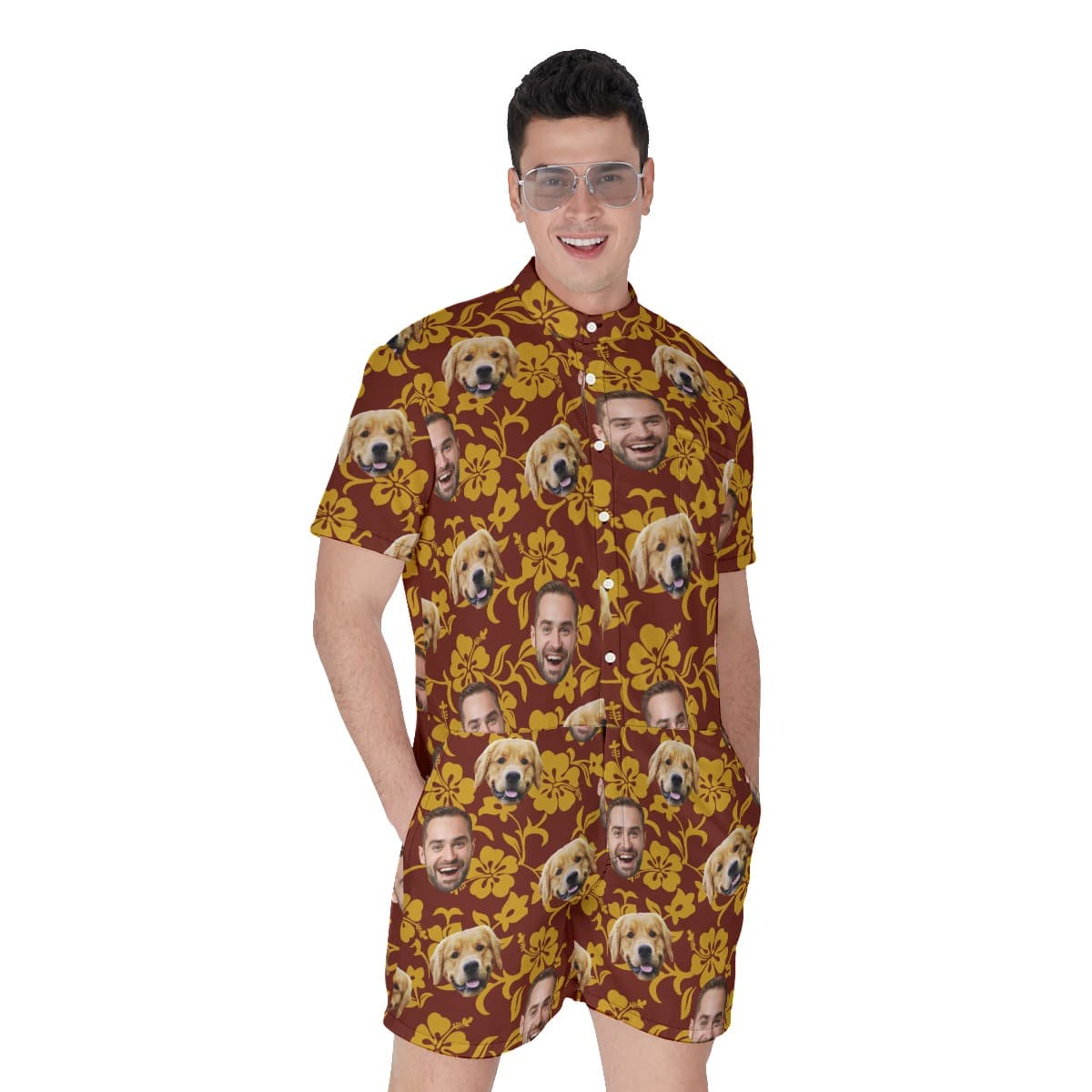 Personalized Tropical Romper For Men With Dog Face (1)
