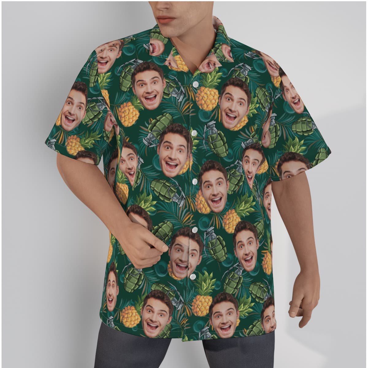 Pineapple Grenade Custom Face Green Hawaiian Shirt