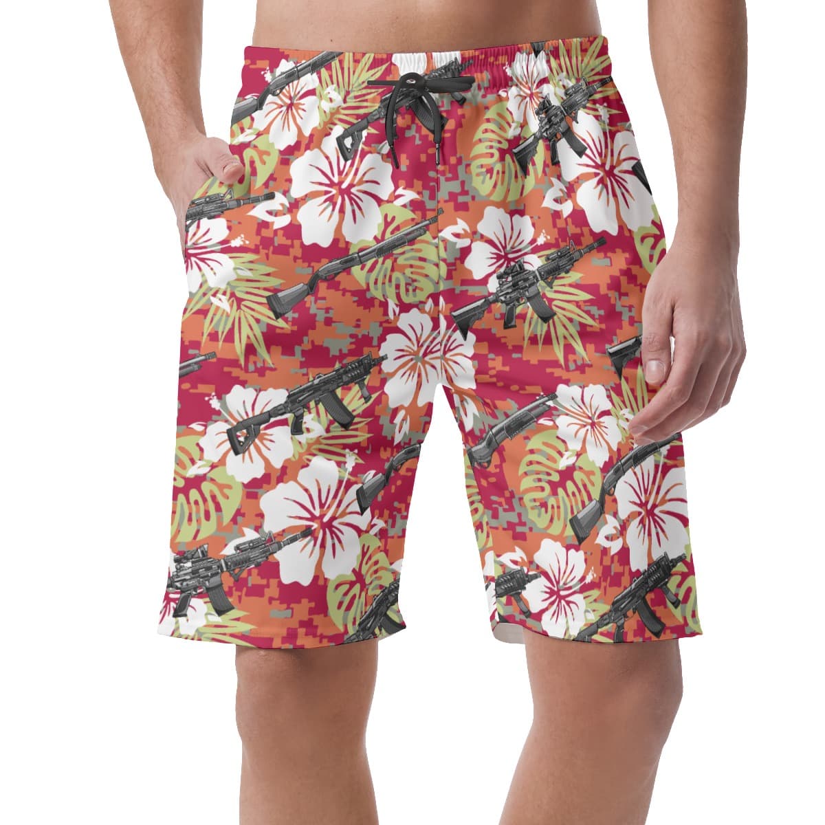 Red Camouflage Hibiscus Tactical Hawaiian Beach Shorts