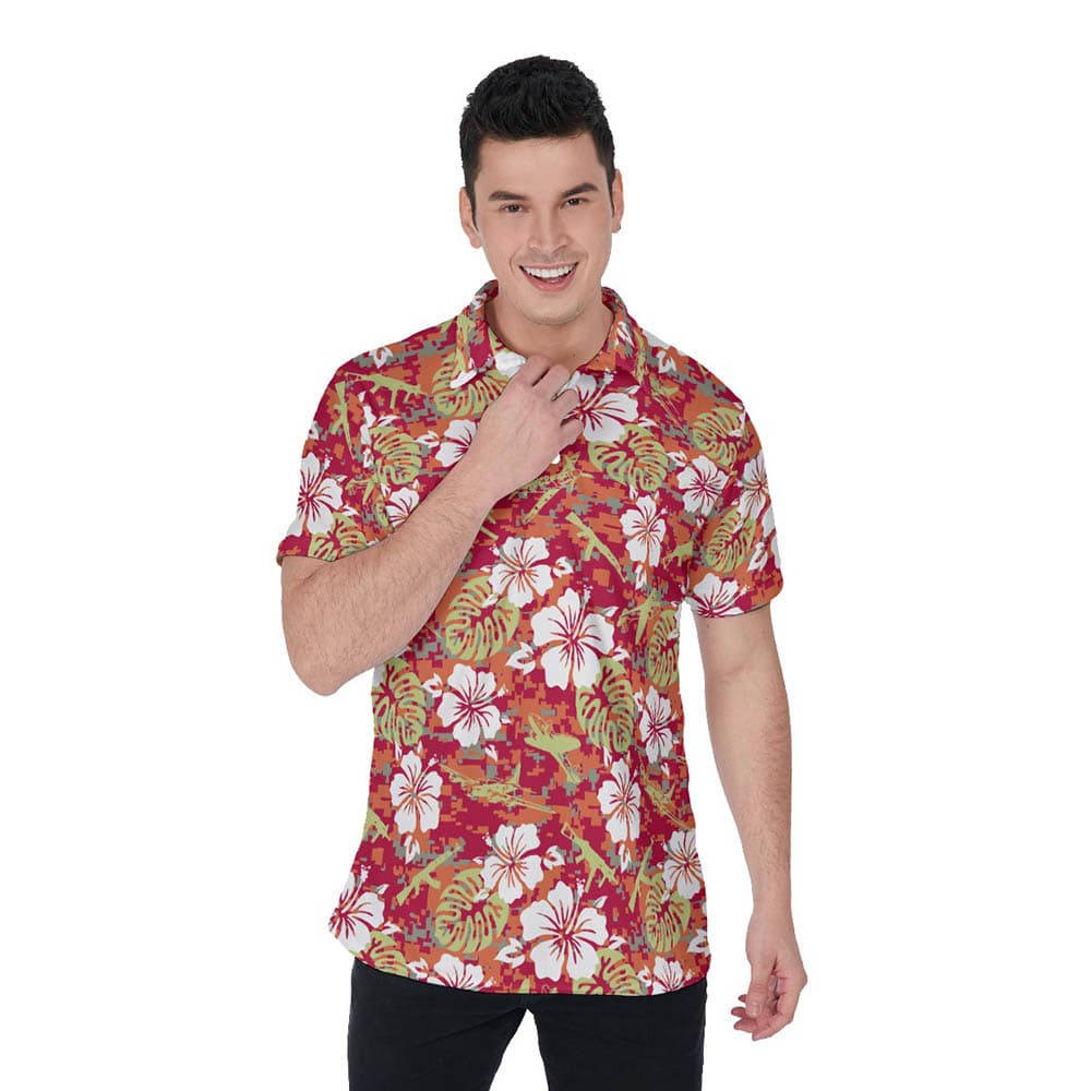 Red Hibiscus Camo Tactical Gun Hawaiian Polo Shirt