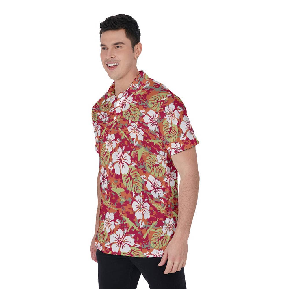 Red Hibiscus Camo Tactical Gun Hawaiian Polo Shirt