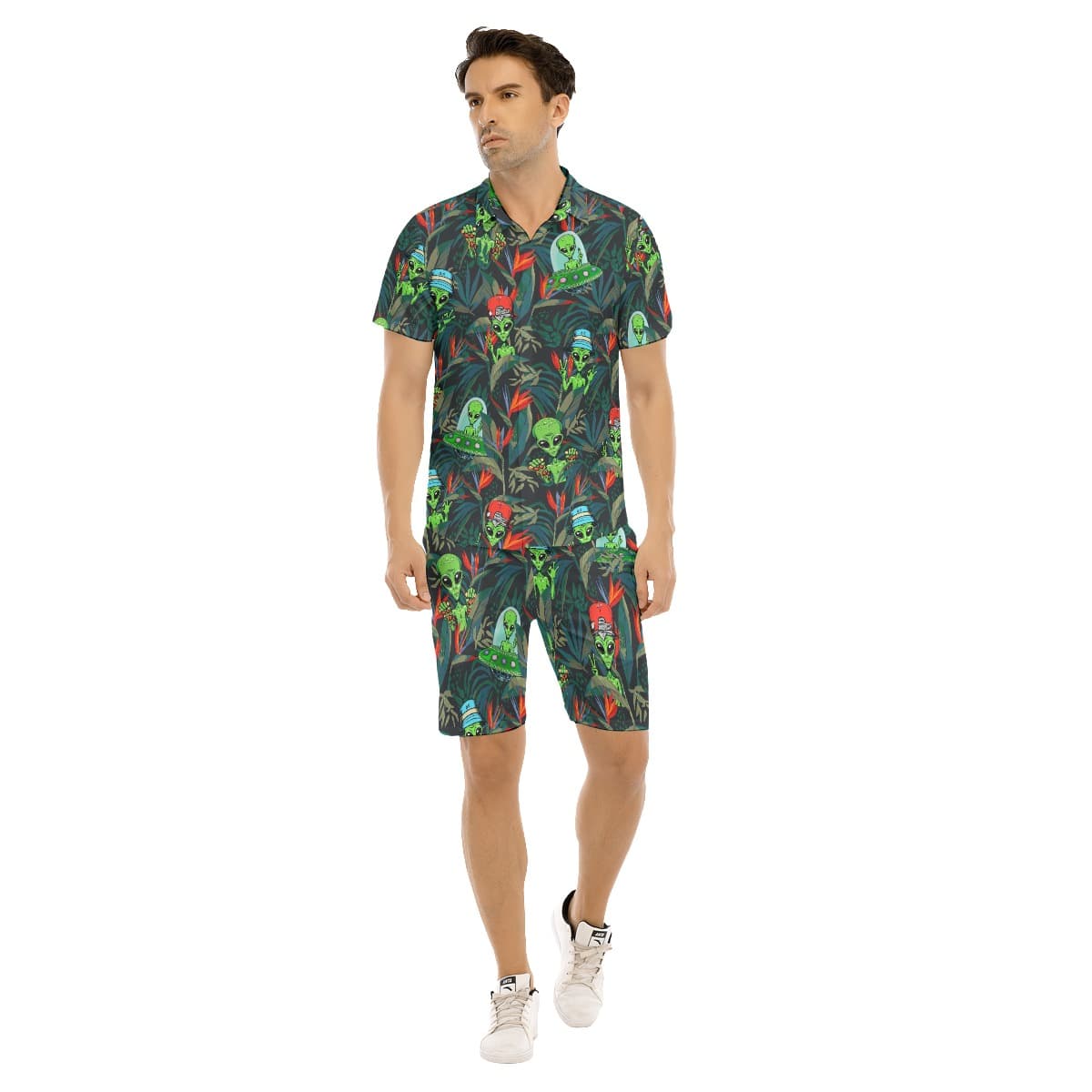Set Alien Tropical Hawaiian Shirt And Matching Shorts For Men (1)