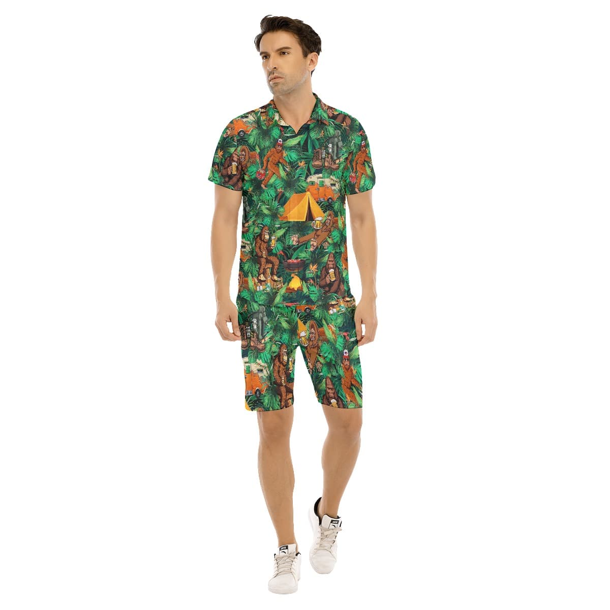 Set Bigfoot Camping Tropical Hawaiian Shirt And Matching Shorts For Men