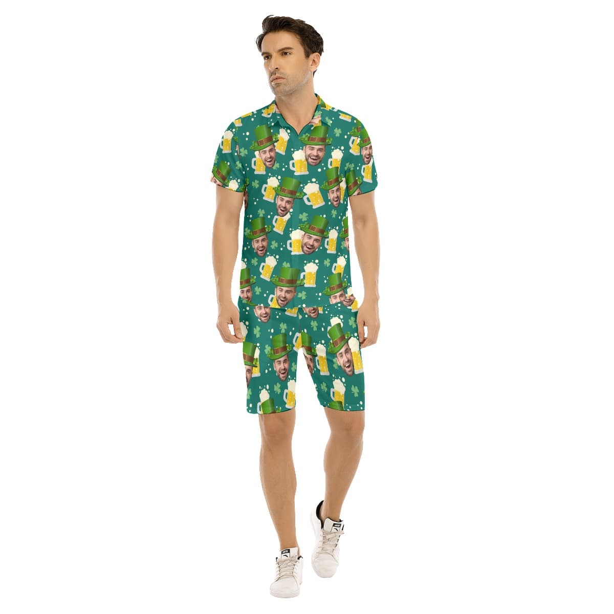 Set Custom Face Green Hawaiian Shirt And Matching Shorts For Men (1)