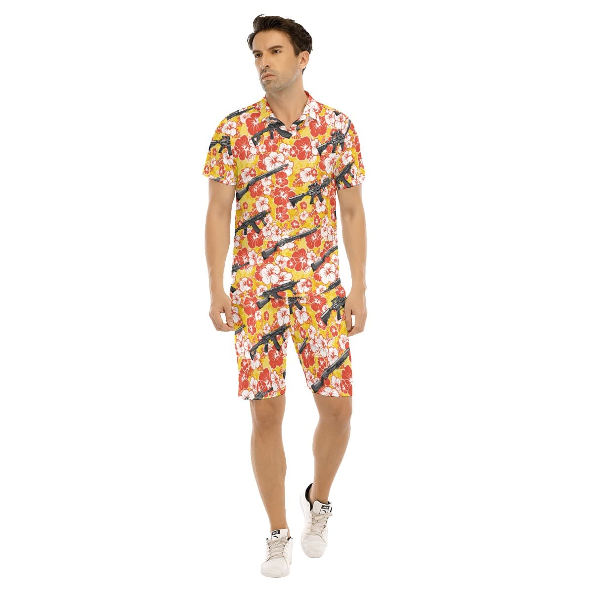 Set Floral Tactical Gun Yellow Hawaiian Shirt And Matching Shorts For Men