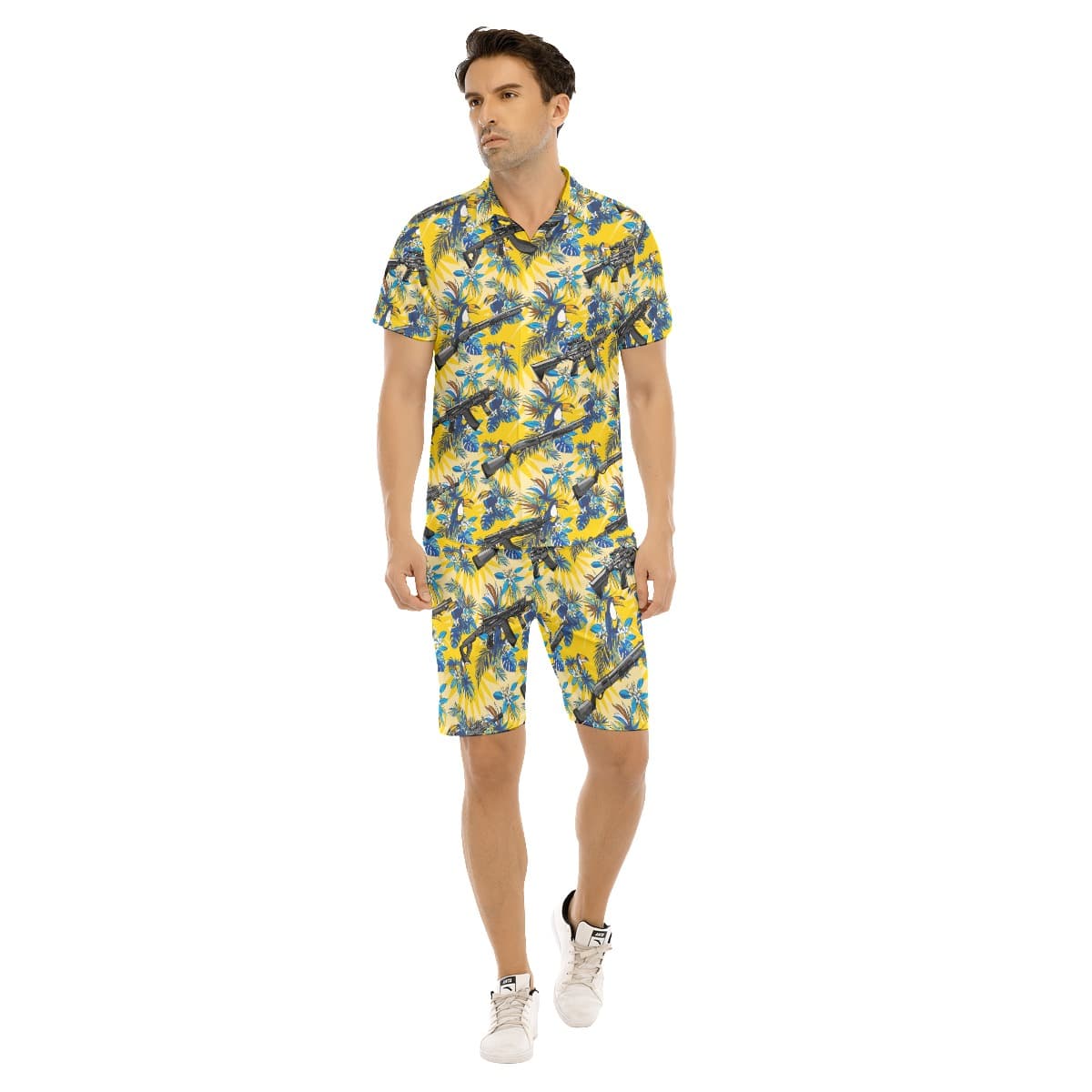 Set Floral Toucan Tactical Yellow Hawaiian Shirt And Shorts For Men (1)