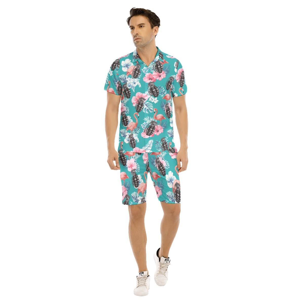 Set Grenade Tactical Hibiscus Flamingo Hawaiian Shirt And Shorts For Men (1)