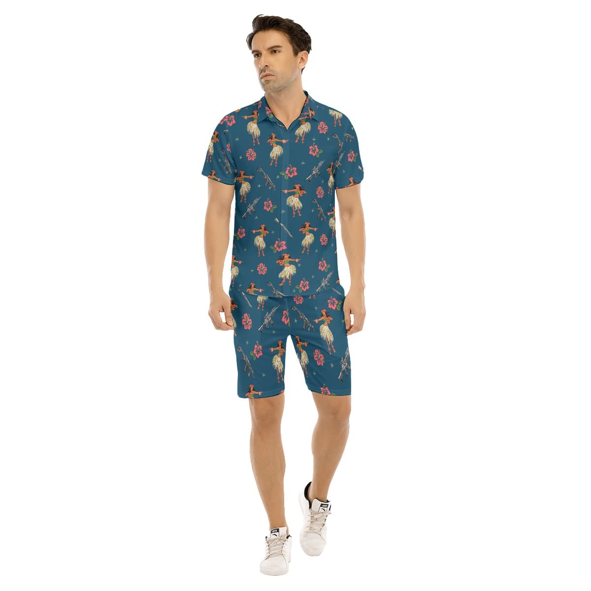 Set Hula Girl With Gun Hibiscus Hawaiian Shirt And Matching Shorts For Men (1)