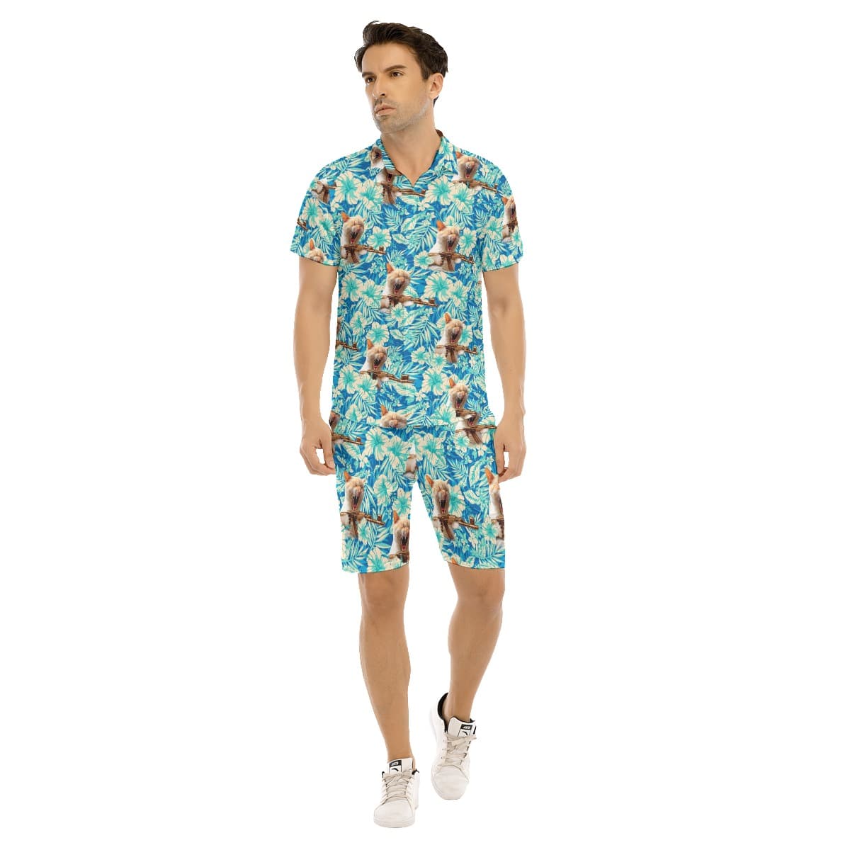 Set Tactical Cat Floral Blue Hawaiian Shirt And Matching Shorts For Men (1)
