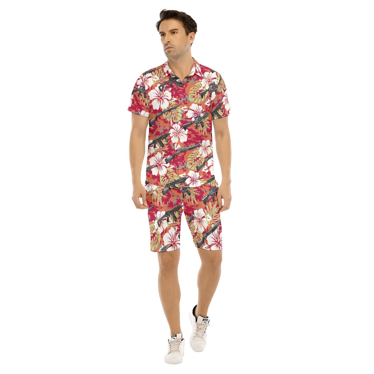 Set Tactical Gun Hibiscus Hawaiian Shirt And Matching Shorts For Men (1)