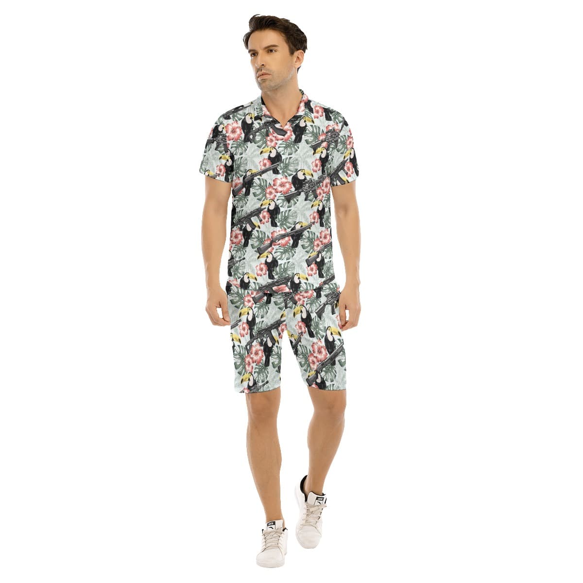 Set Tactical Gun Toucan Hibiscus Hawaiian Shirt And Matching Shorts For Men (1)