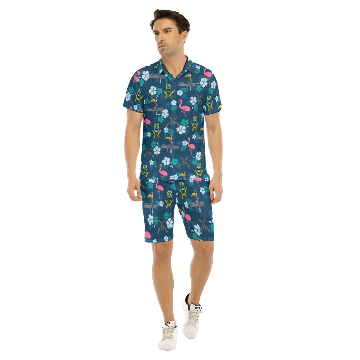 Set Tiki Tactical Flamingo Hawaiian Shirt And Matching Shorts For Men (1)