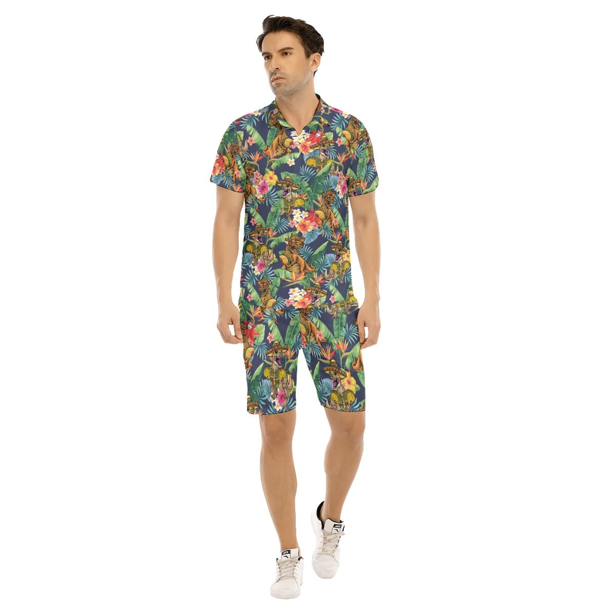 Set Tropical Dinosaur Taco Flowers Hawaiian Shirt And Matching Shorts For Men (1)