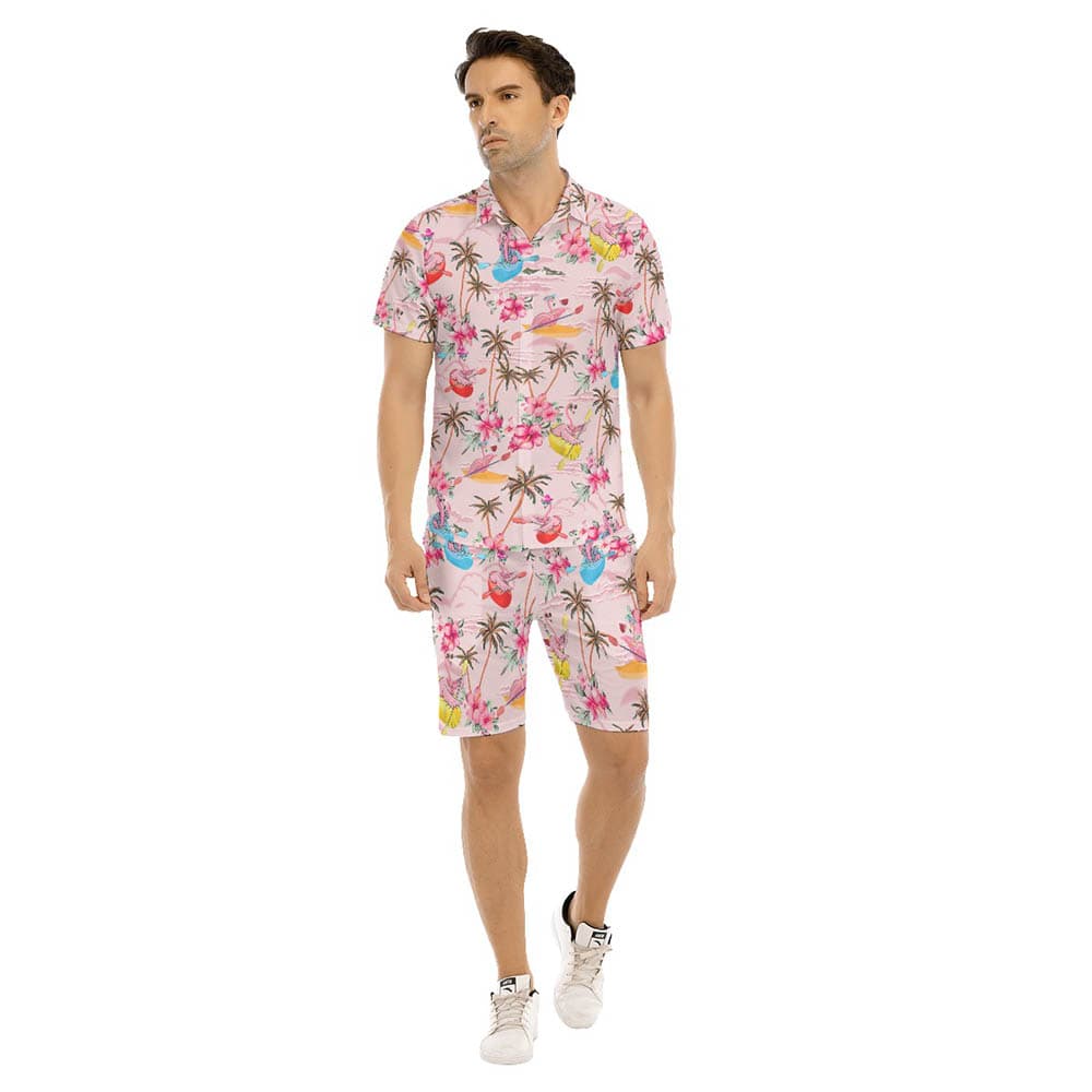 Set Tropical Flamingo Kayaking Hibiscus Hawaiian Shirt And Matching Shorts For Men (3)
