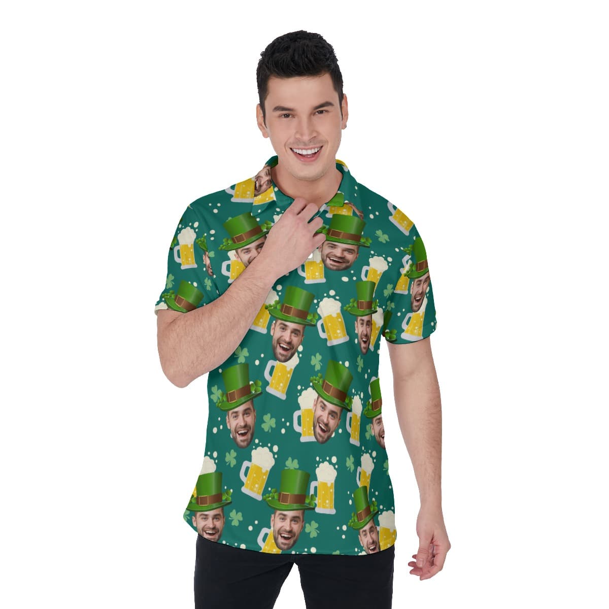 St Patrick Day Custom Face Beer Green Hawaiian Polo Shirt
