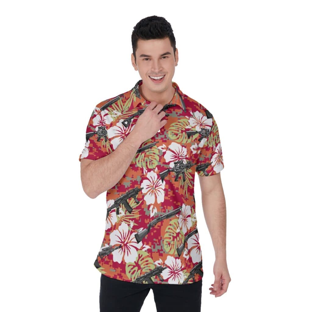 Tactical Camo Hibiscus Gun Hawaiian Polo Golf Shirt