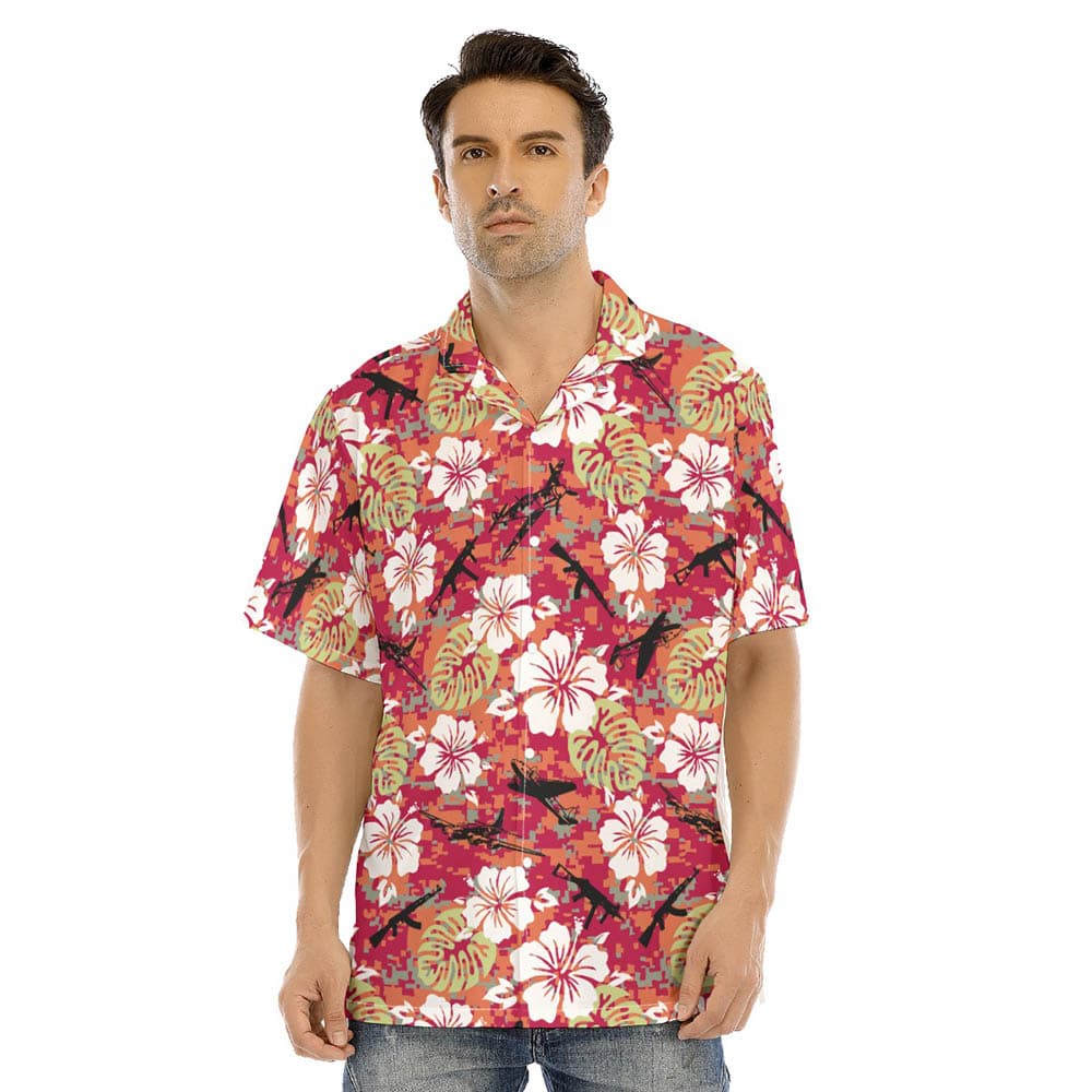 Tactical Camo Hibiscus Red Hawaiian Shirt