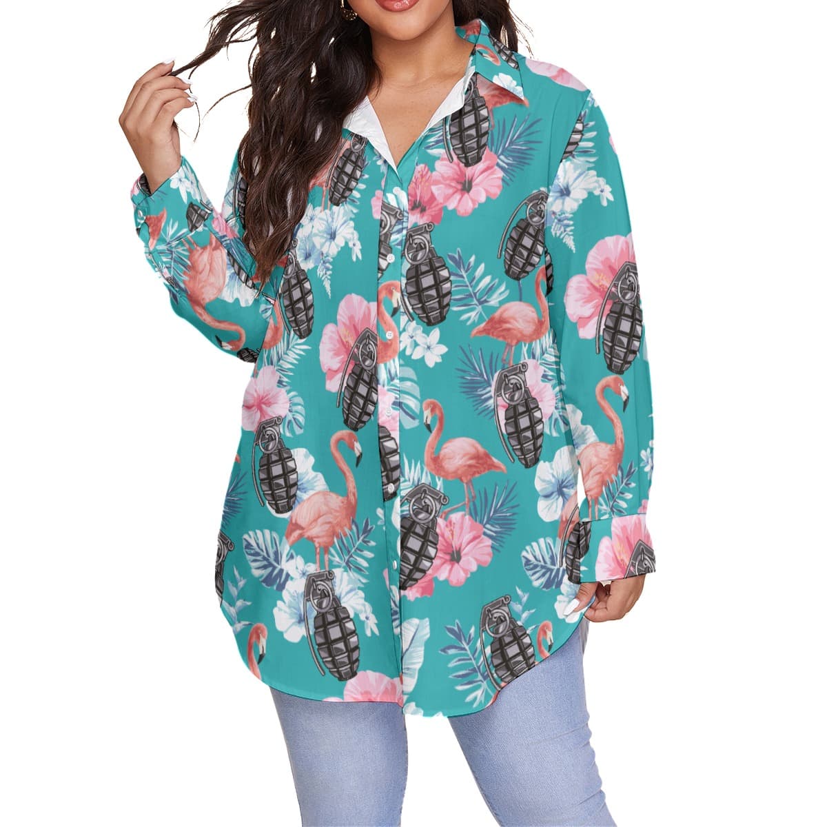 Tactical Grenade Hibiscus Flamingo Blue Hawaiian Plus Size Shirt For Women