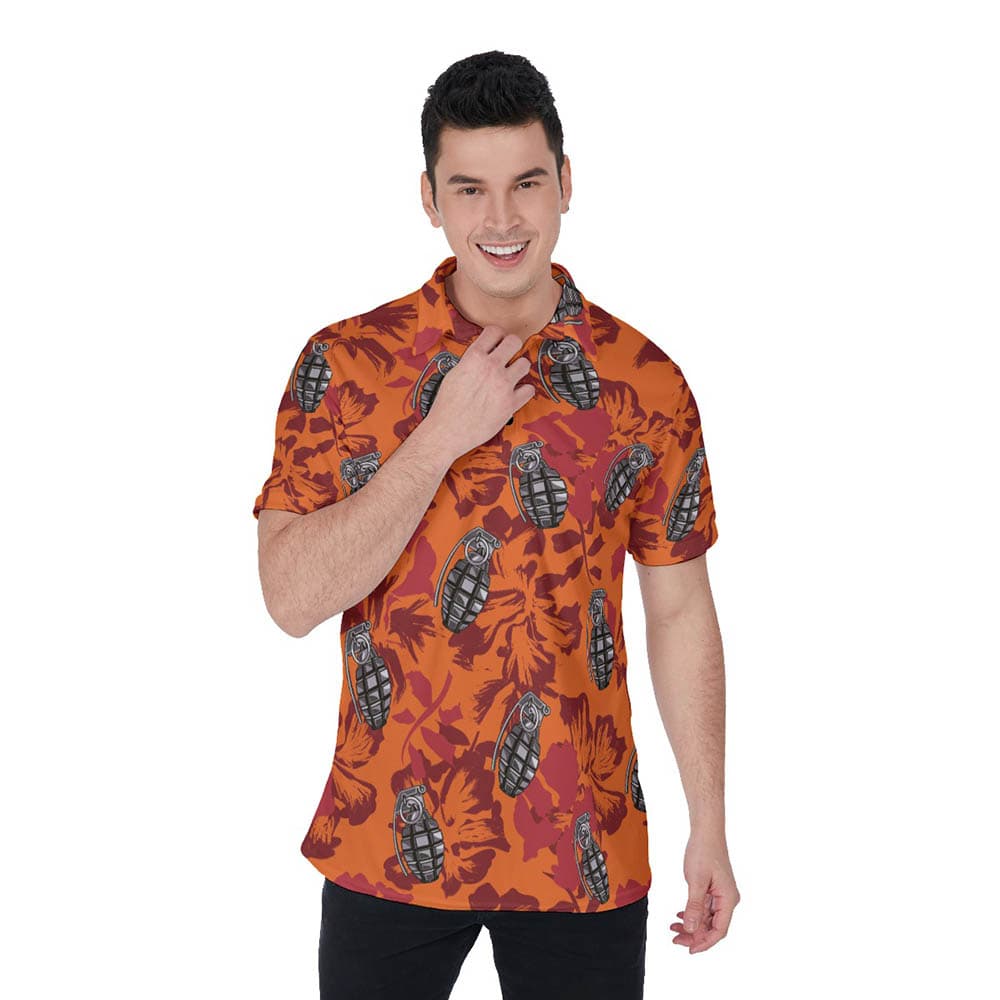 Tactical Grenade Hibiscus Vintage Orange Hawaiian Polo Shirt For Men