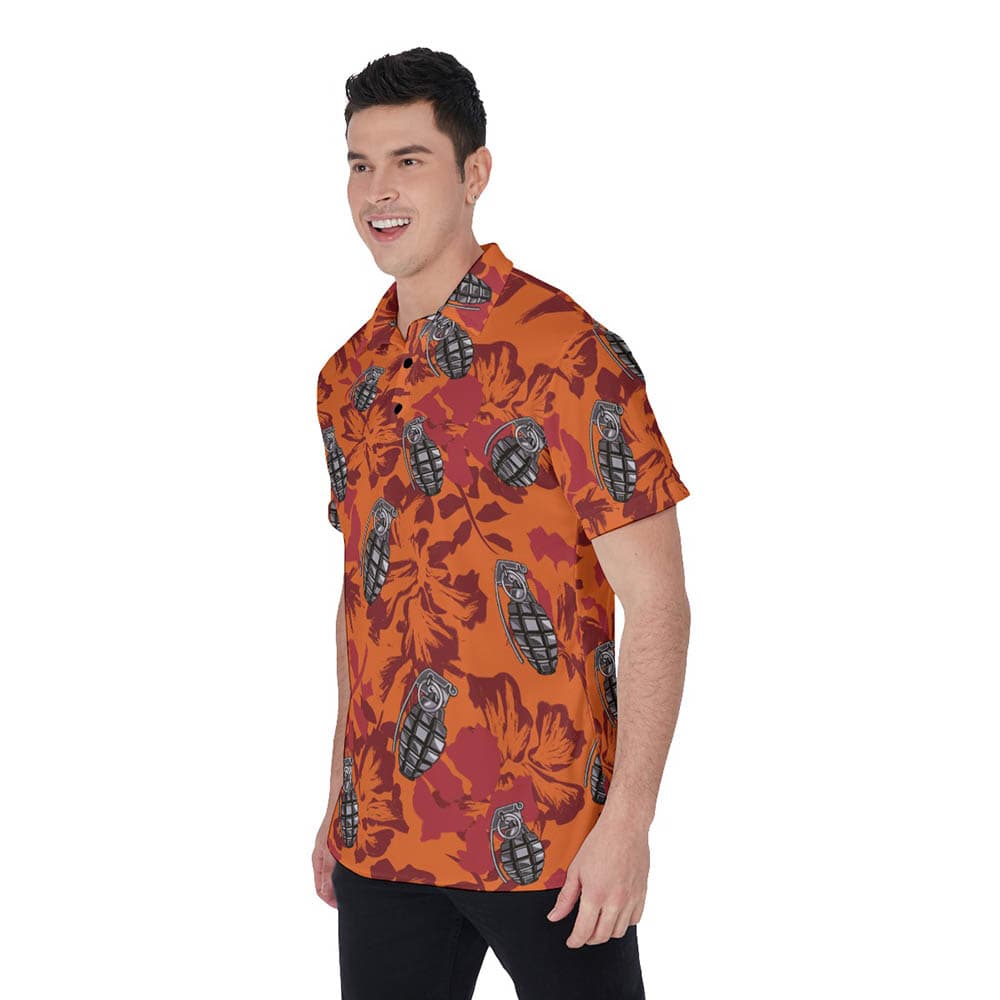 Tactical Grenade Hibiscus Vintage Orange Hawaiian Polo Shirt For Men