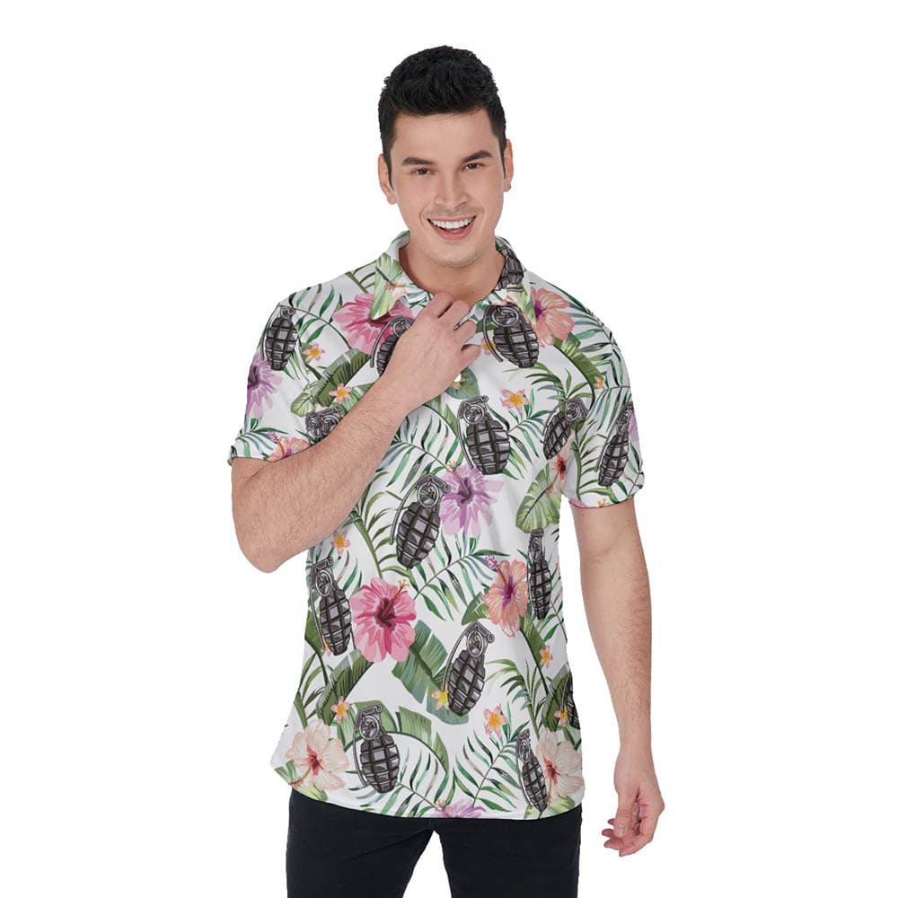 Tactical Grenade Tropical Hibiscus Hawaiian Polo Shirt For Men