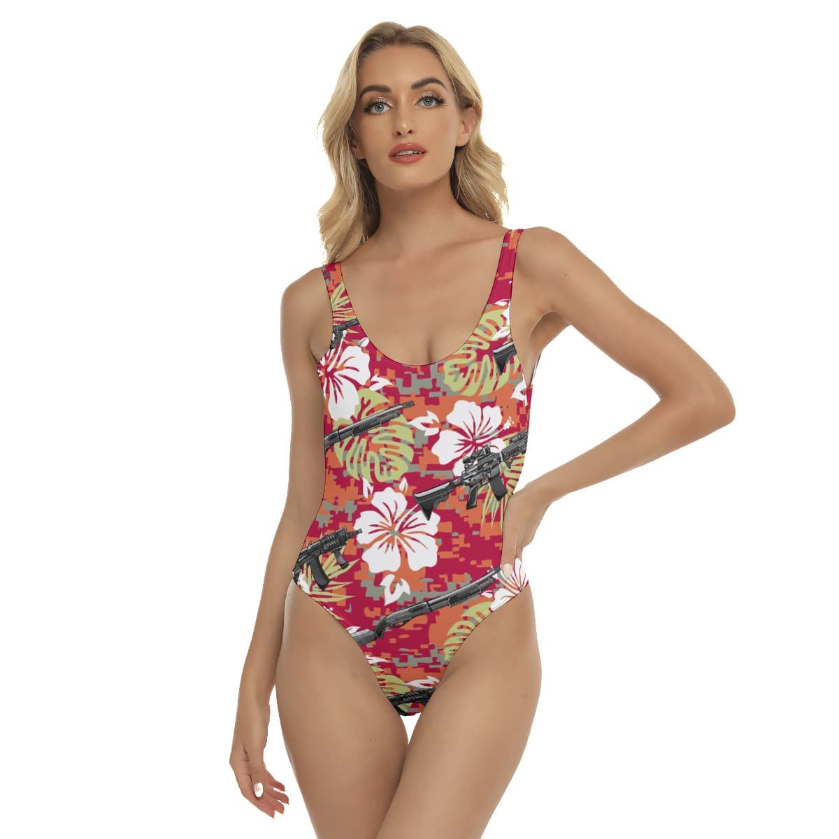 Tactical Gun Hibiscus Camo Red Hawaiian Swimsuit For Women (1)
