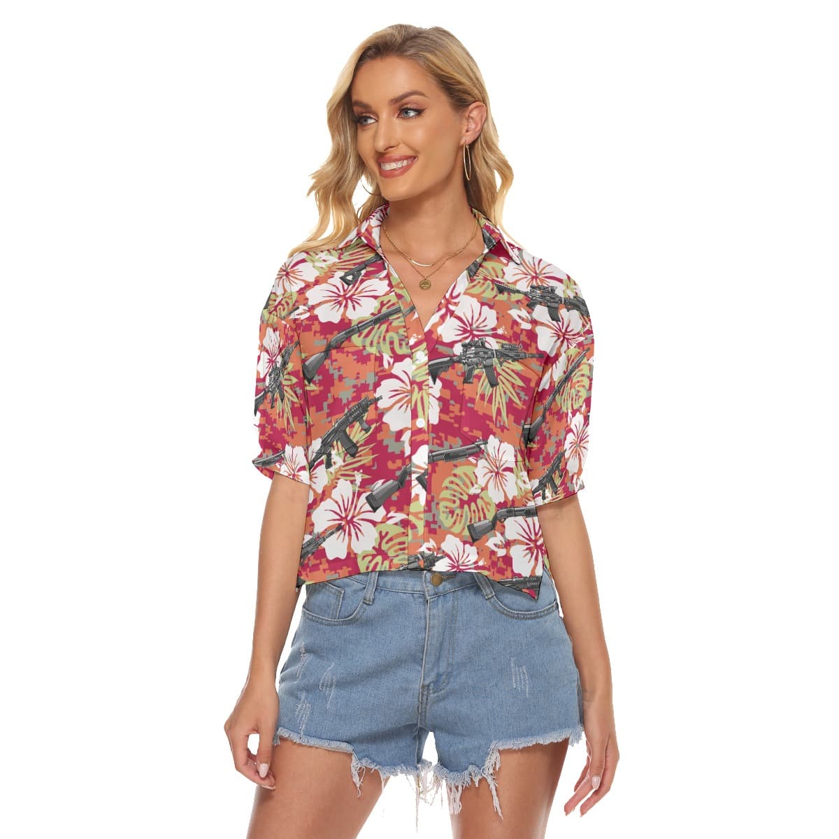 Tactical Gun Hibiscus Camouflage Hawaiian Cropped Shirt For Women (1)