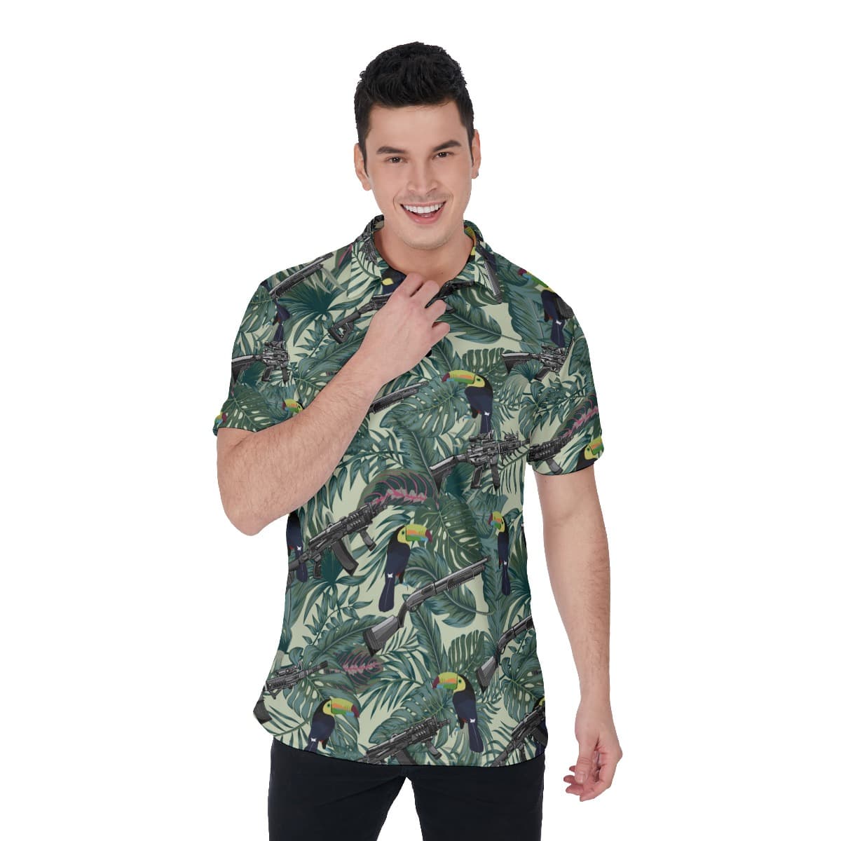 Tactical Gun Tropical Toucan Hawaiian Polo Golf Shirt For Men