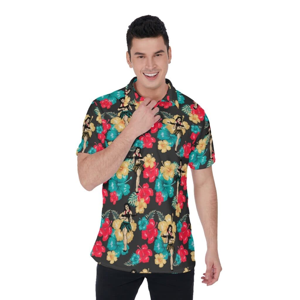 Tactical Hula Girl With Guns Hawaiian Polo Shirt For Men (1)