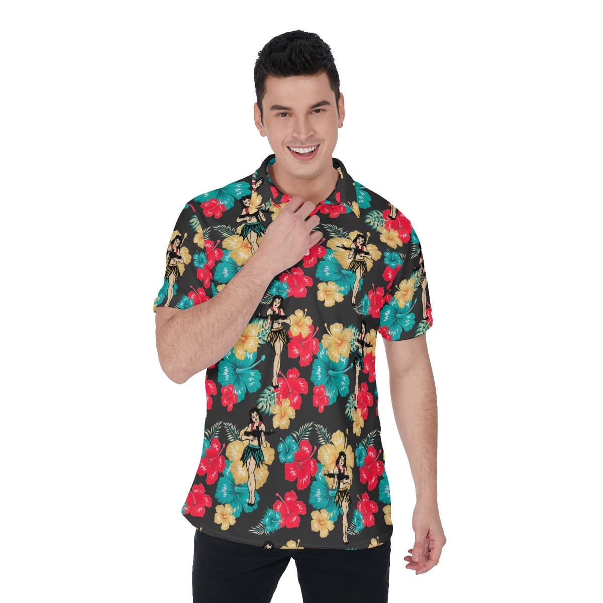 Tactical Hula Girl With Guns Hawaiian Polo Shirt For Men (1)
