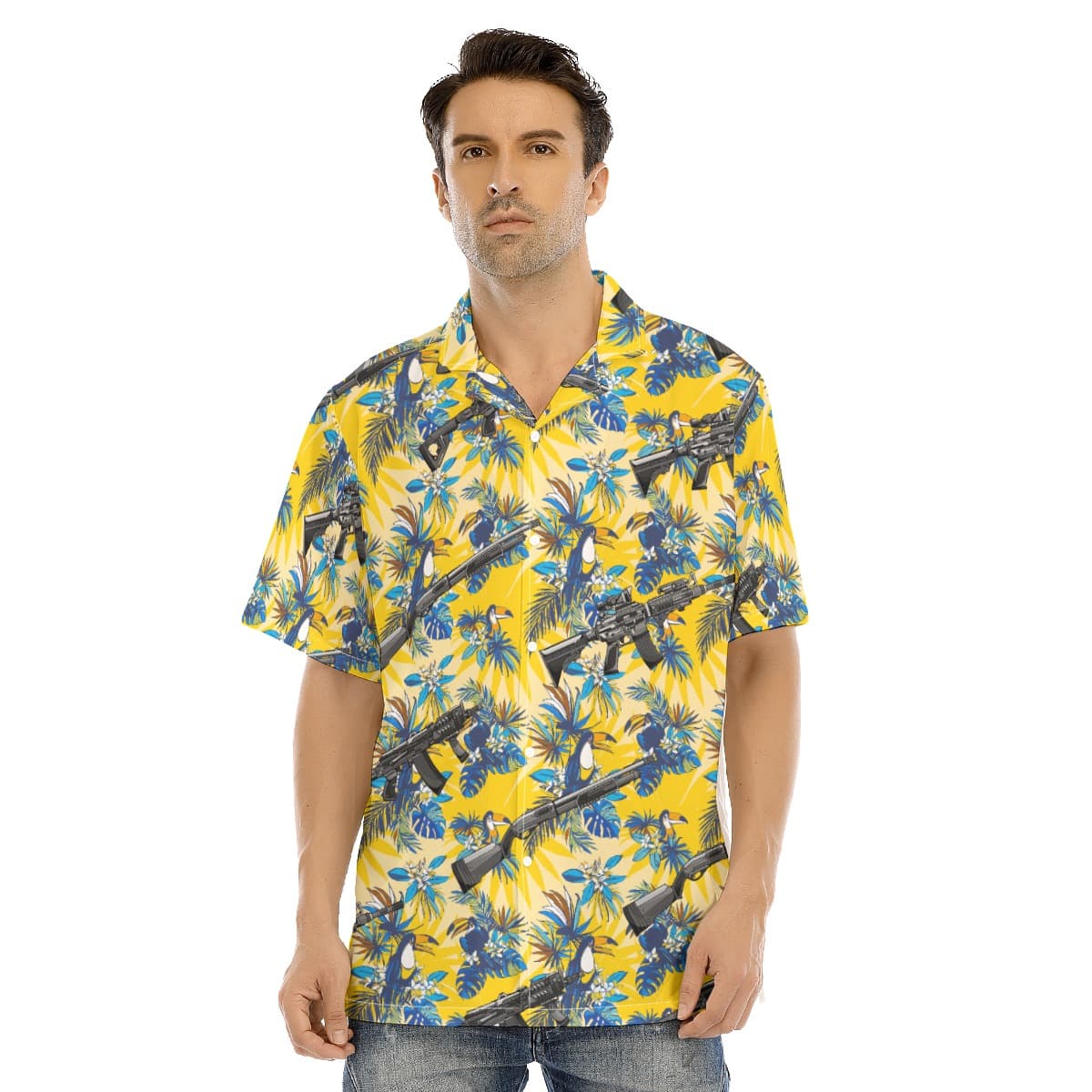 Tactical Machine Gun Toucan Tropical Yellow Hawaiian Shirt